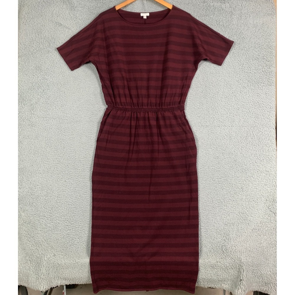 Garnet Hill Dress Size Small Burgundy Soft Stripe Midi Stretch Terry W/ Pockets
